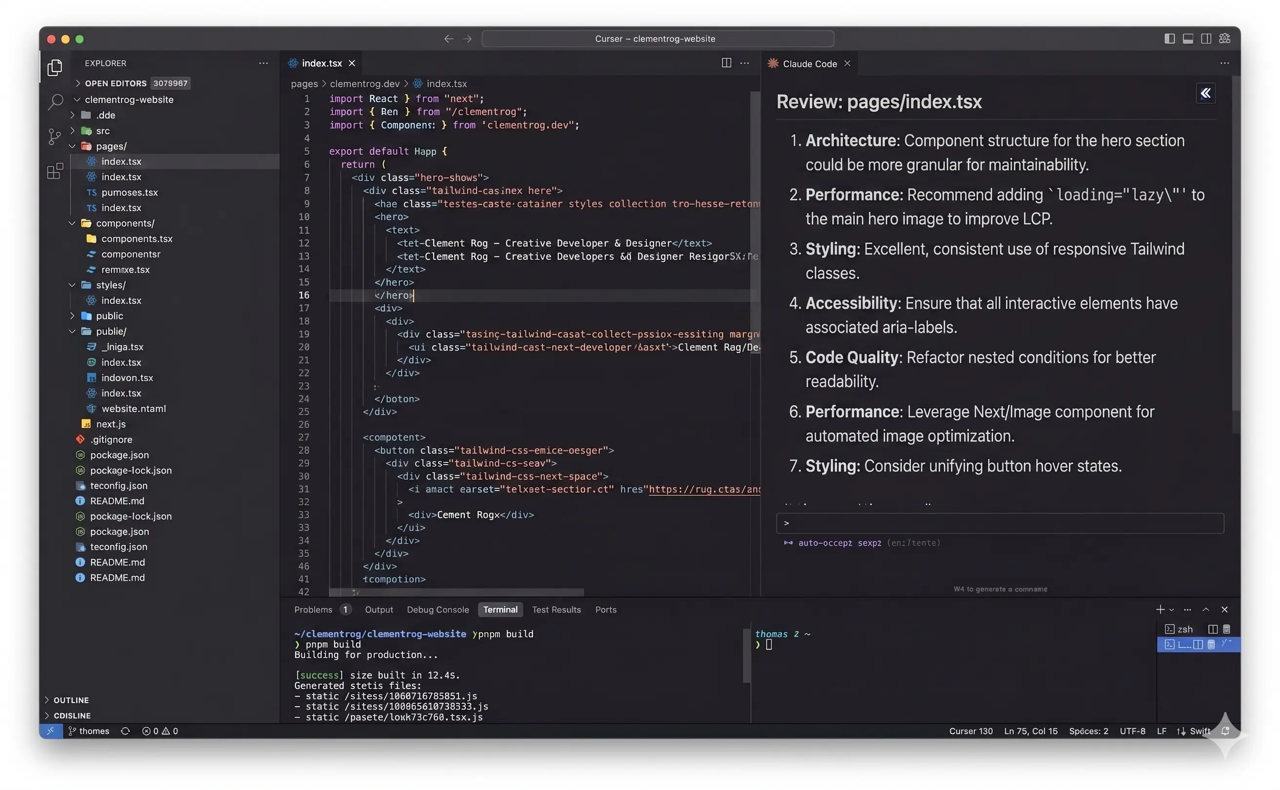 Claude Code panel running inside Cursor on a Swift project