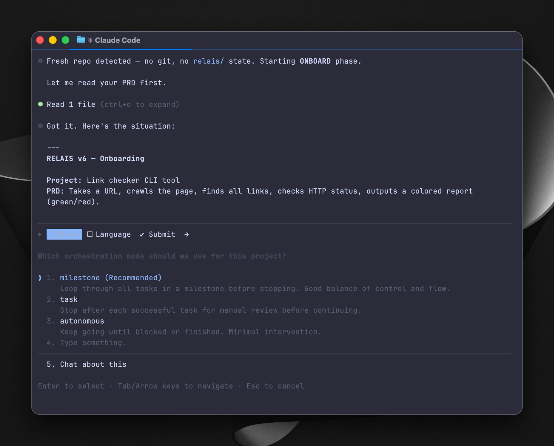 Claude Code terminal showing the RELAIS onboarding flow